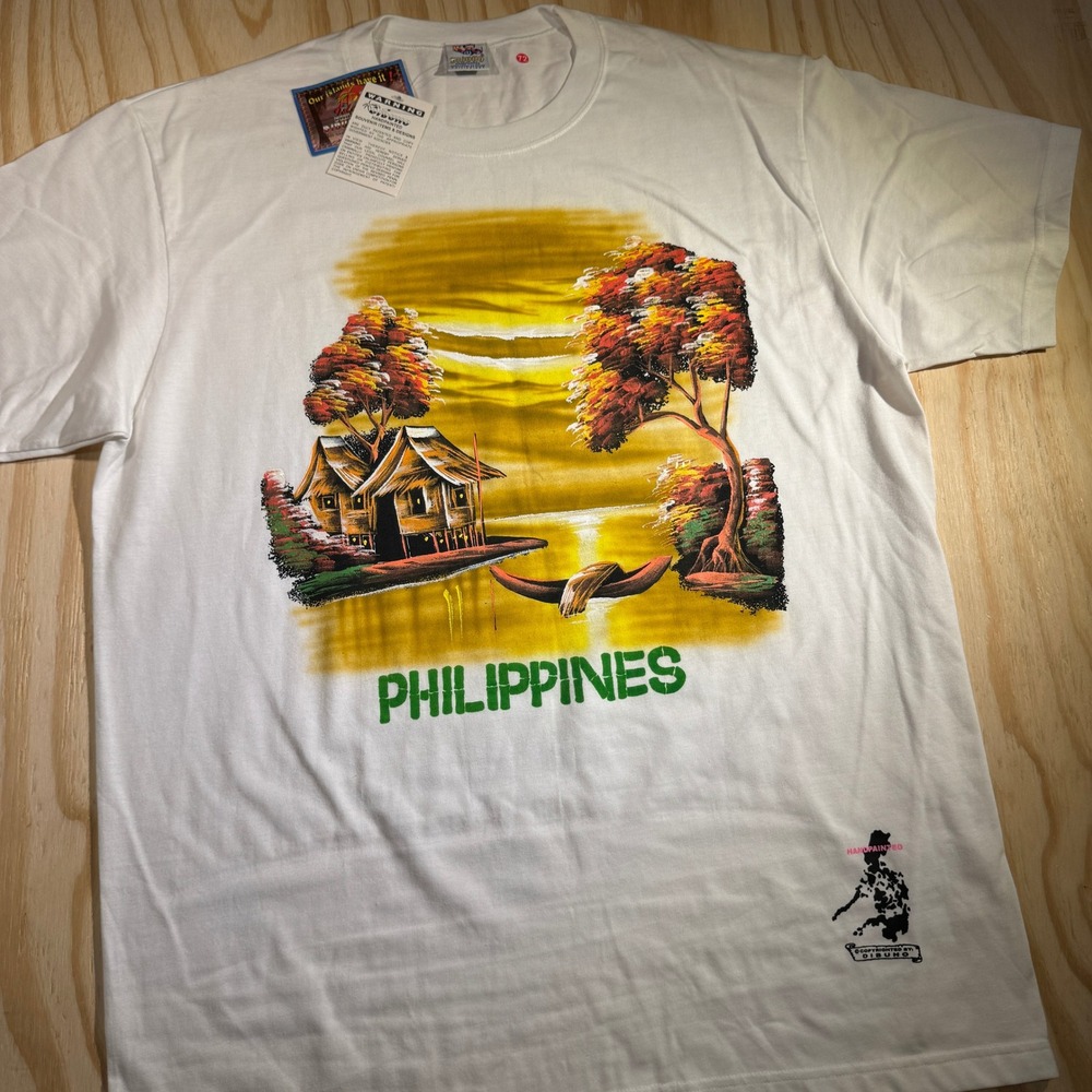 Dibuho Philippines Handpainted Souvenir T-Shirt White Sunset Scene Large